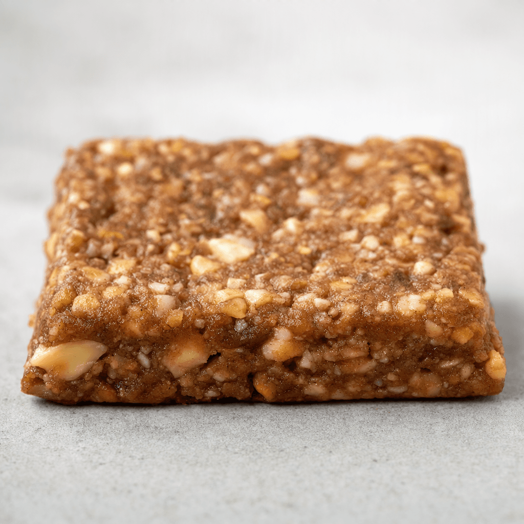 A compact, roughly rectangular brown protein bar with a slightly uneven surface and visible pieces of grain and nuts.
