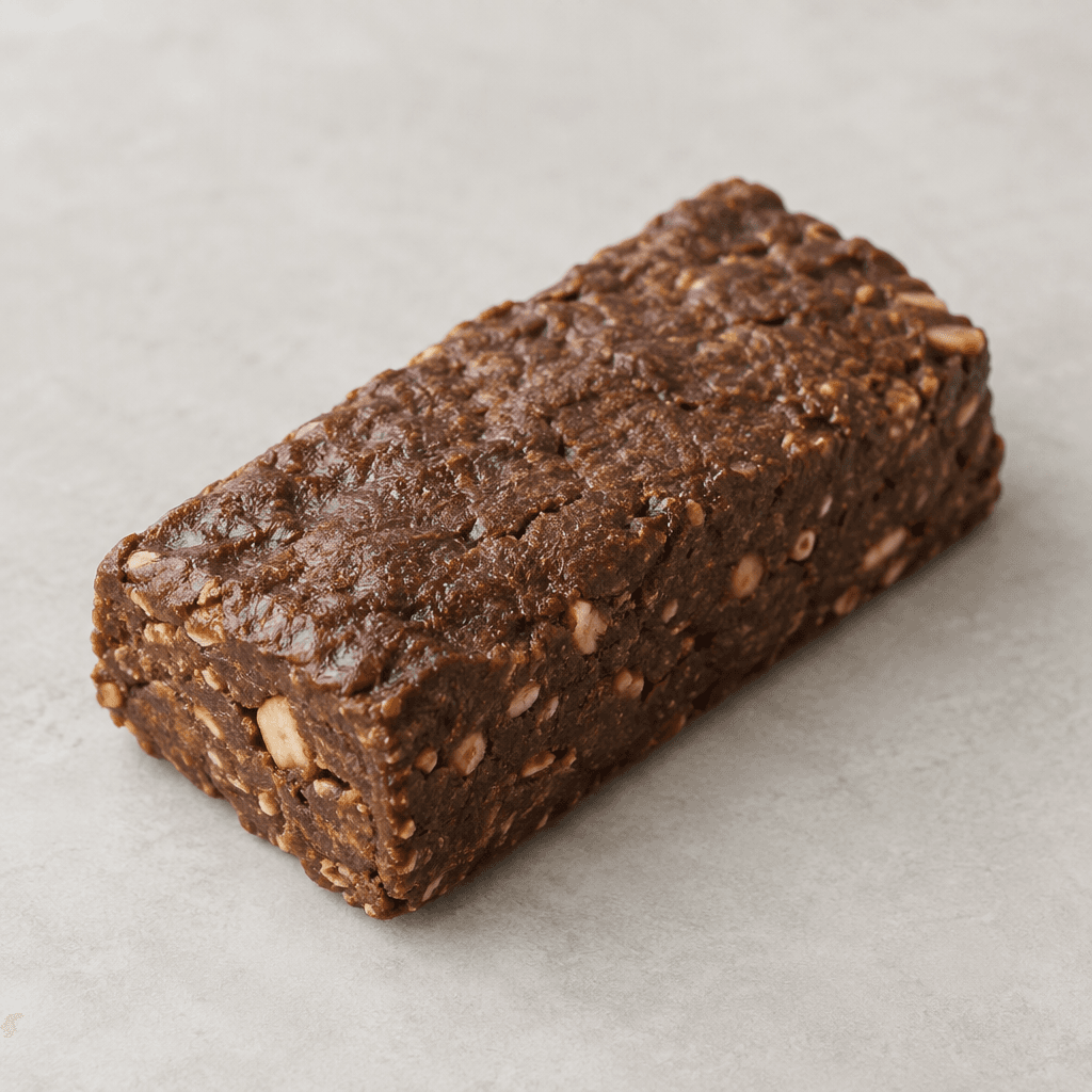 A compact, rectangular, chocolate-brown protein bar with a slightly uneven, dense-looking surface and a few small lighter-colored pieces visible along its edges.
