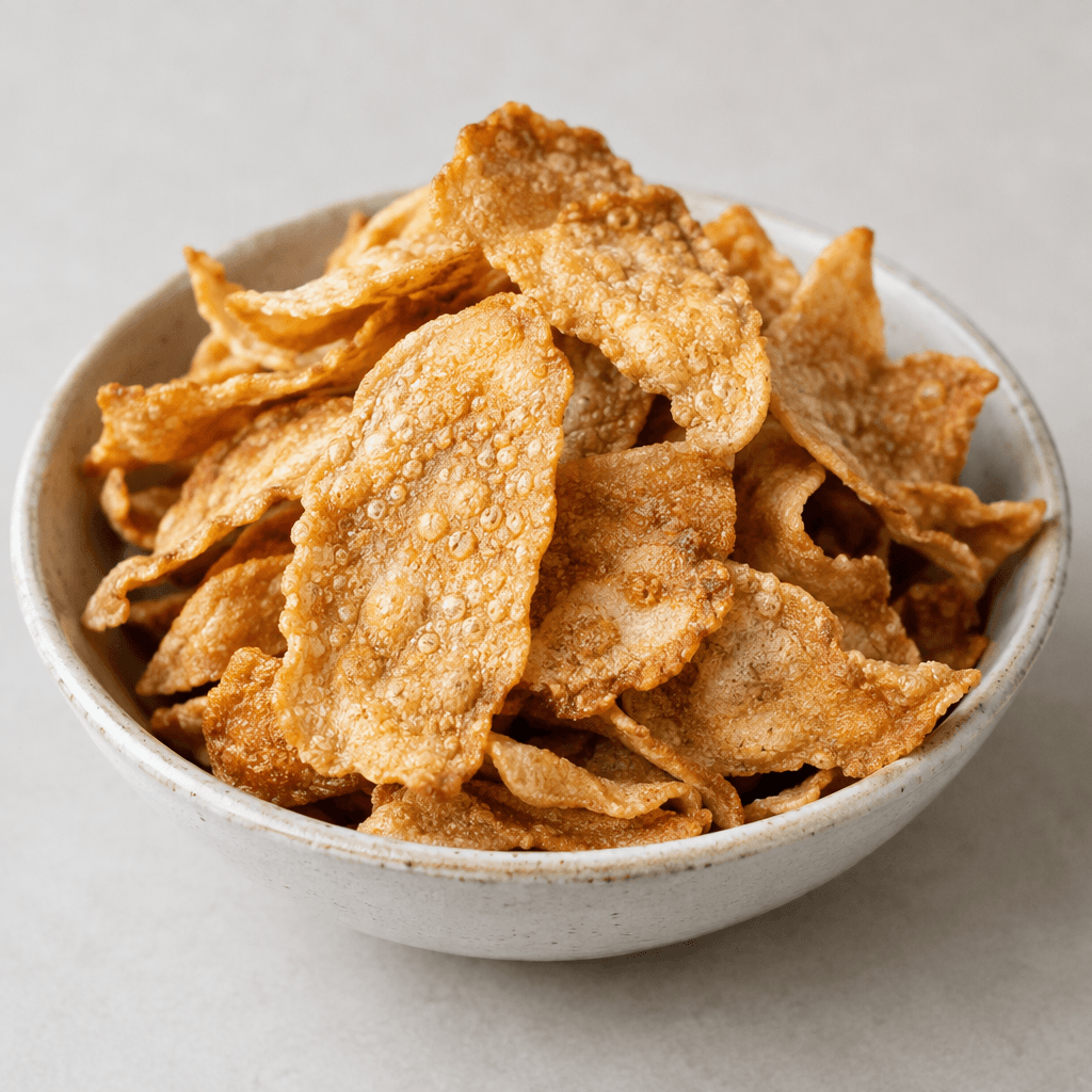 A small pile of thin, irregularly shaped golden-brown protein chips with lightly bubbled, crisp-looking surfaces, served in a shallow bowl.
