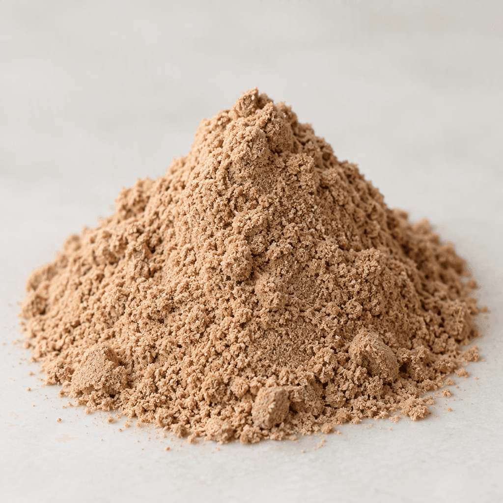 A mound of fine light-brown protein powder with a soft, slightly grainy texture sits in a small pile.