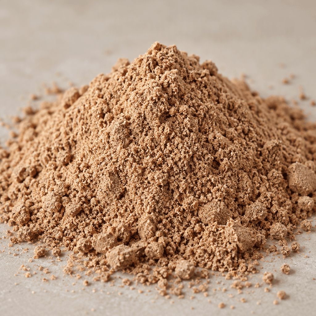 A mound of fine, loose almond-coffee protein powder in a light warm brown shade, with a slightly grainy surface.