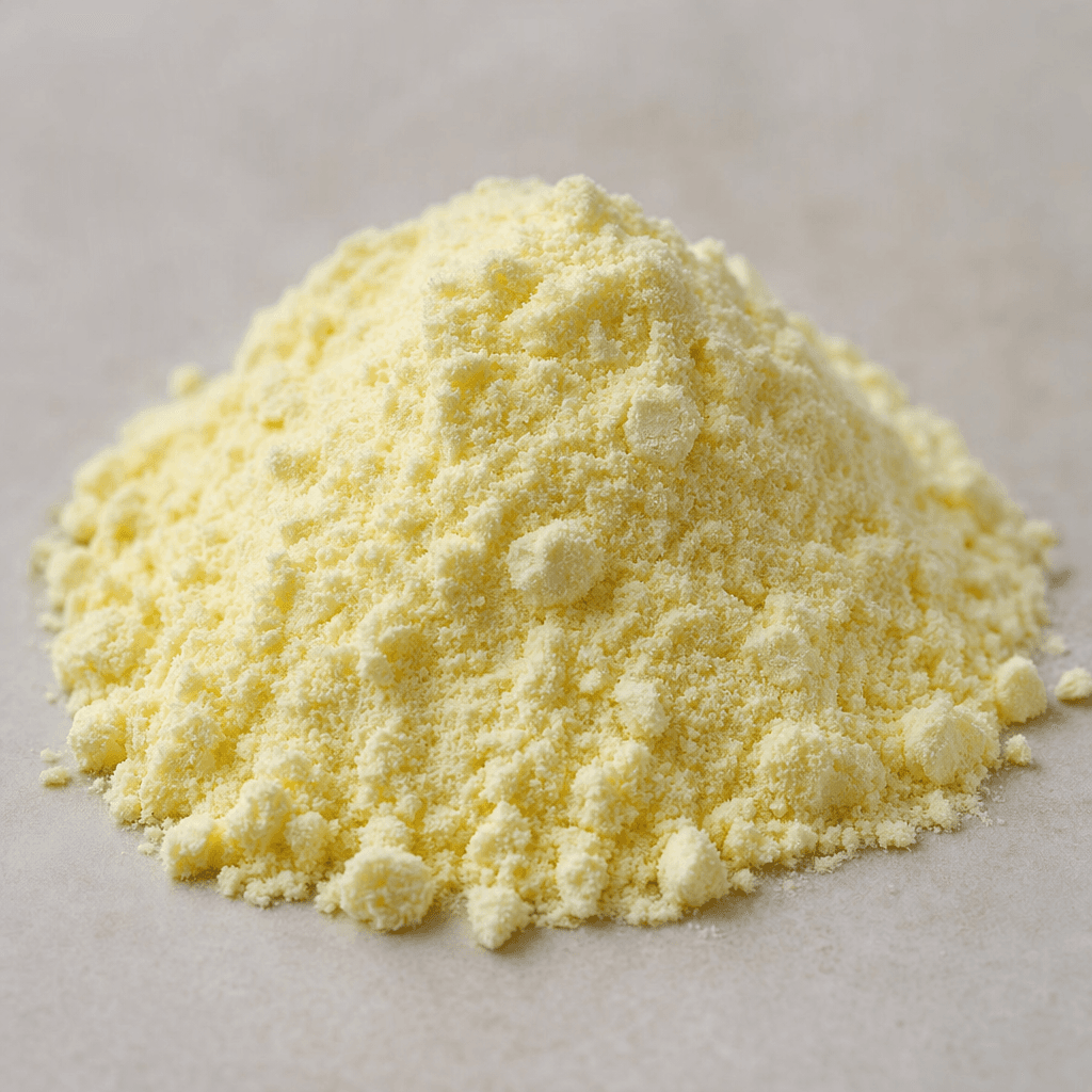A fine, loose pale cream-yellow powder sits in a small mound, with a smooth, dry surface and a few soft clumps.