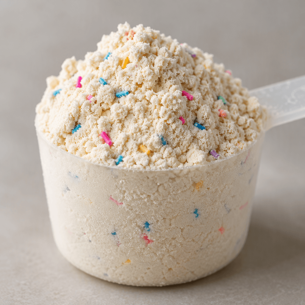 A mound of fine, pale cream-colored protein powder with tiny multicolored sprinkle pieces mixed through it, resting in a small scoop.