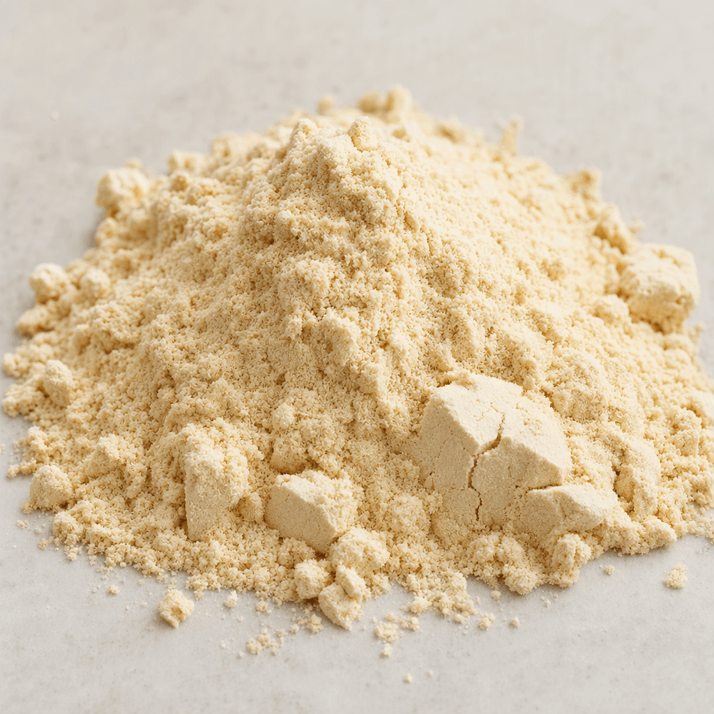 Düz bir yüzey üzerinde, birkaç yumuşak topak içeren ince dokulu açık bej renkli protein tozu küçük bir yığın hâlinde duruyor.