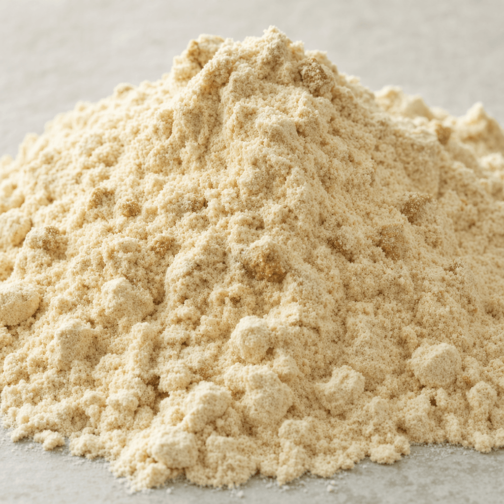 A mound of fine, pale beige protein powder with a few darker biscuit-like flecks sits loosely piled on a surface.