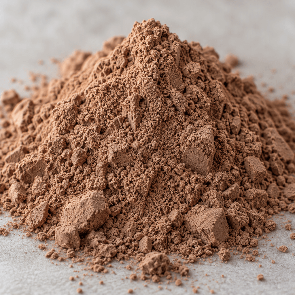 A mound of fine, dry chocolate-brown protein powder with a soft, slightly clumpy texture.
