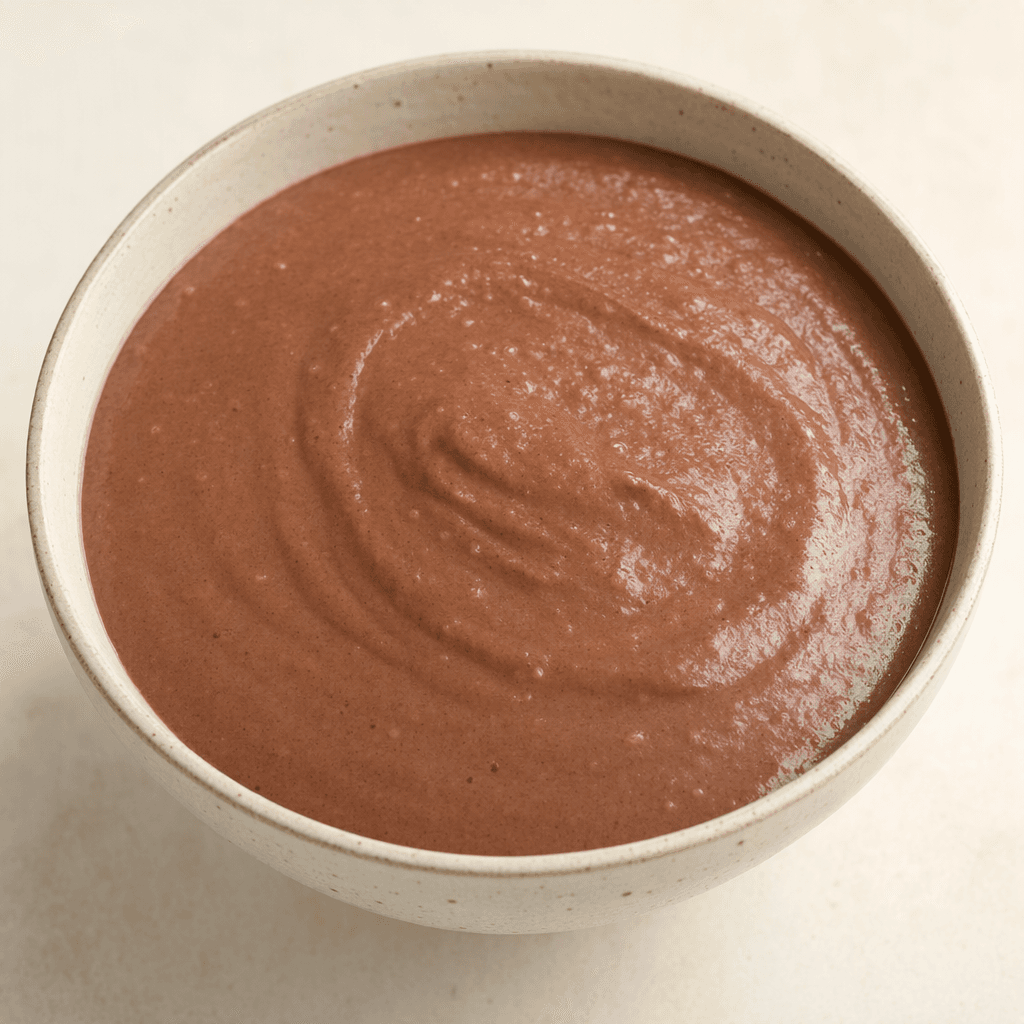 A thick, smooth chocolate-brown rice cream sits in a bowl, with a soft, uniform surface.