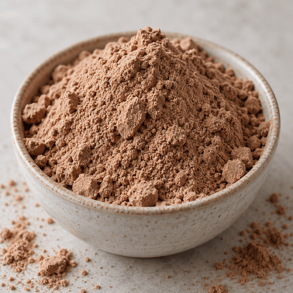 A mound of fine, light cocoa-brown whey powder with a soft, slightly clumpy texture sits in a small bowl, with a little powder scattered nearby.