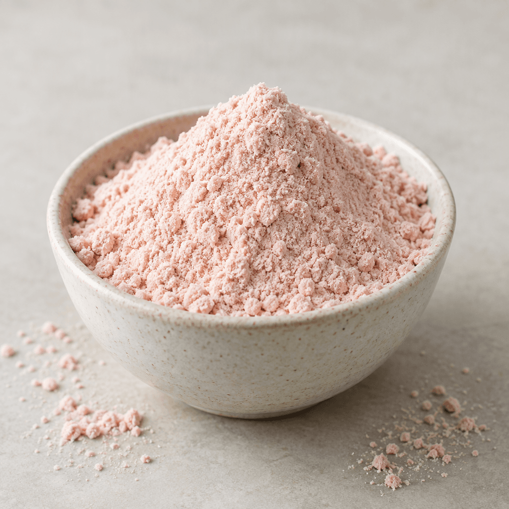 A mound of fine, pale pink protein powder with a soft, slightly grainy texture sits in a small bowl, with a few loose grains scattered nearby.