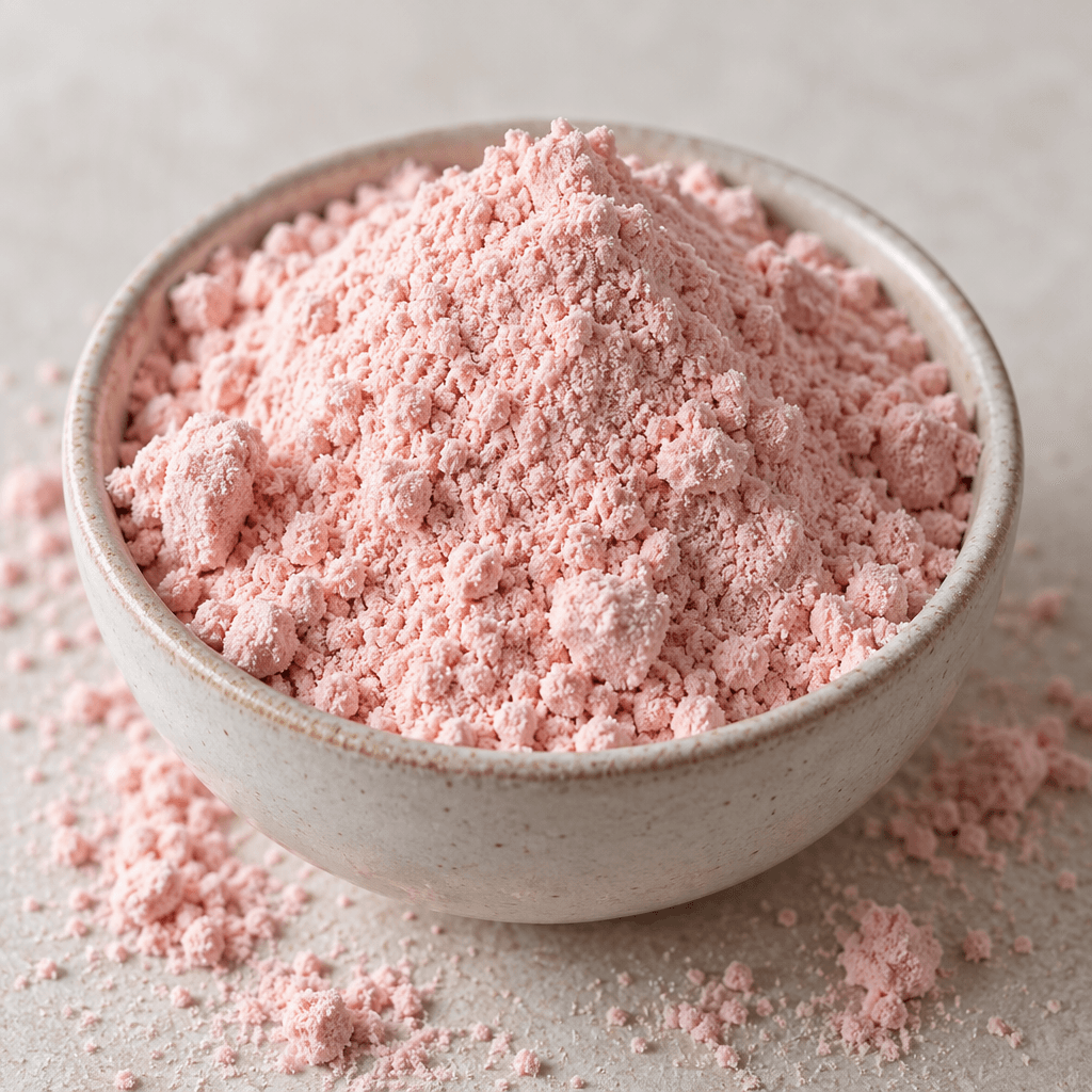 A mound of fine, pale pink strawberry whey protein powder with a soft, slightly clumpy texture sits in a small bowl, with a little powder scattered around it.