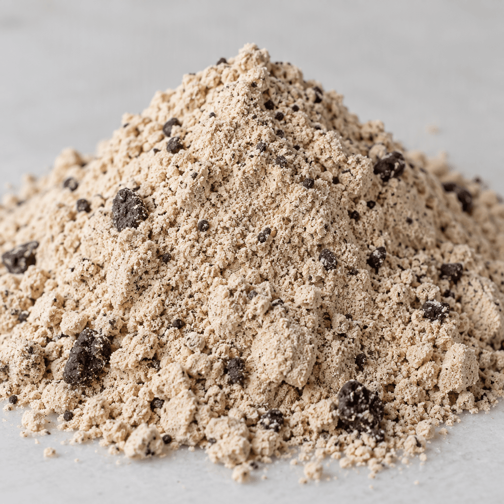 A mound of fine pale beige protein powder with small darker cookie-like flecks, loosely piled on a clean surface.