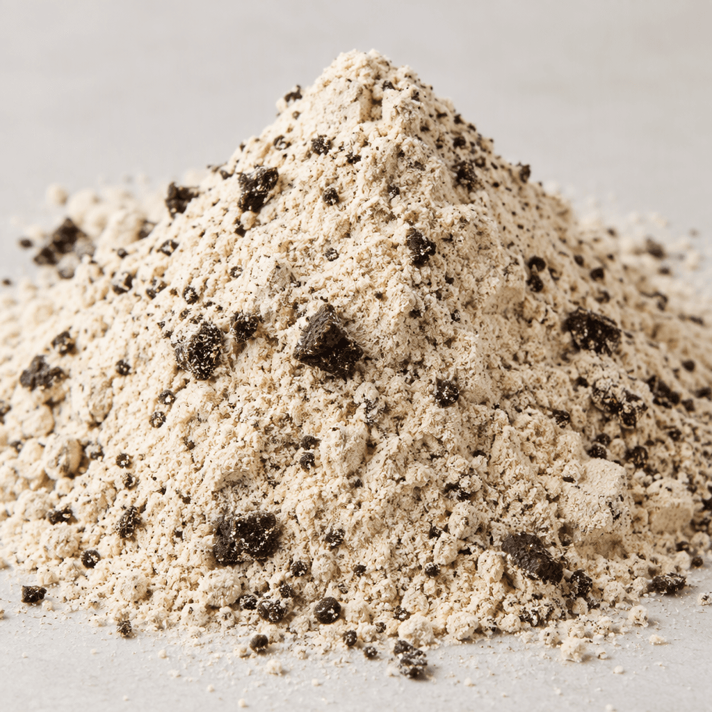 A mound of fine pale beige protein powder is scattered with small dark brown cookie-like flecks.