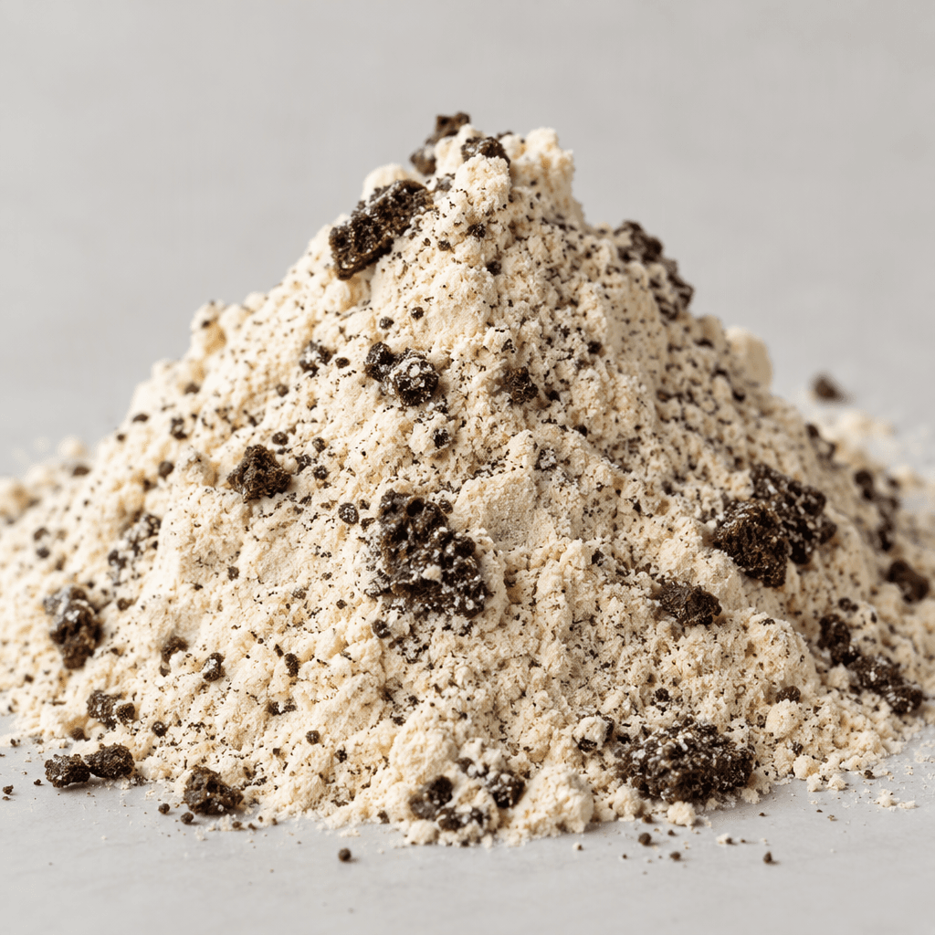 A mound of fine, pale cream-colored protein powder with scattered dark brown cookie crumbs and specks.