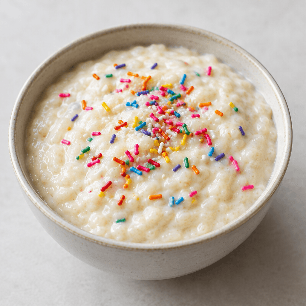 A thick, smooth, pale cream-colored rice porridge sits in a bowl, topped with small colorful sprinkles.
