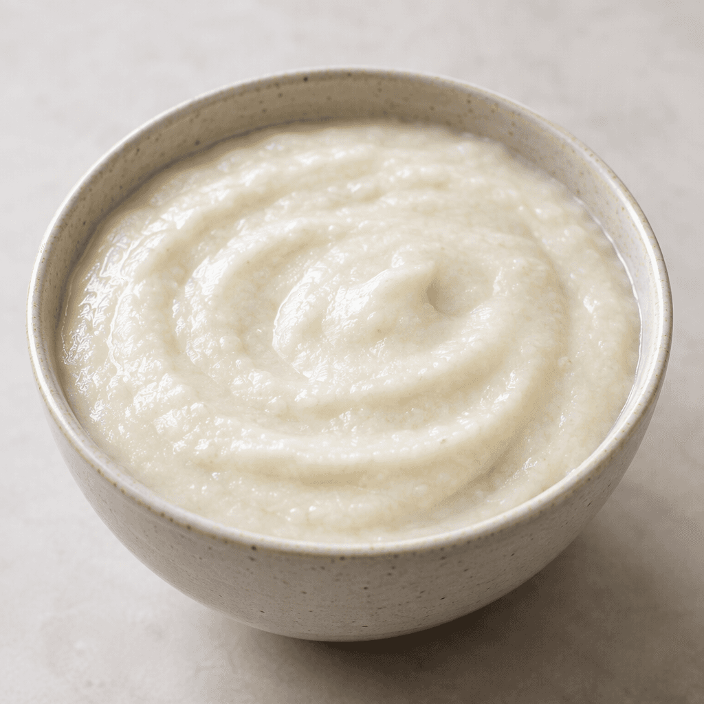A thick, smooth, pale ivory rice cream sits in a bowl, with a softly glossy surface and no visible toppings.