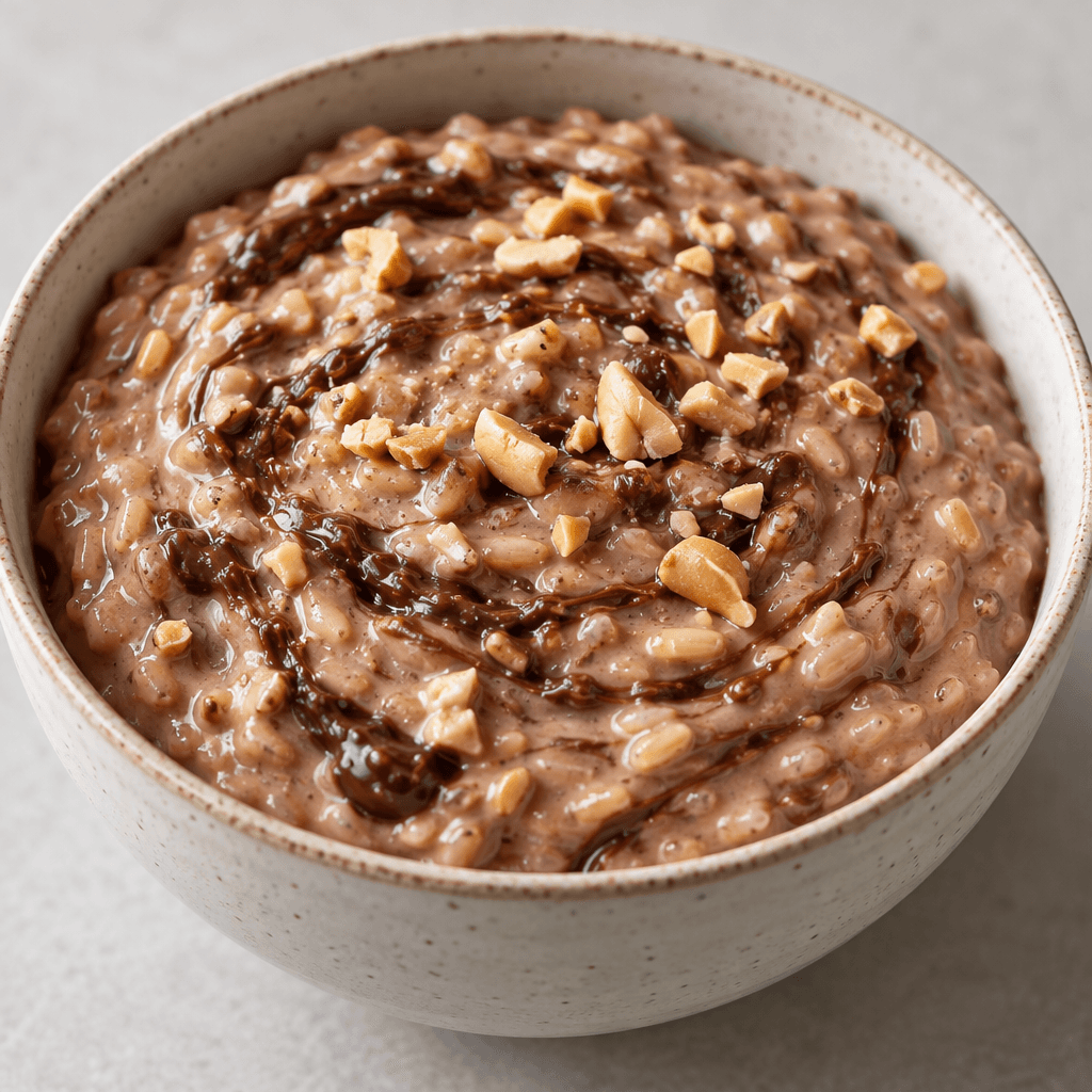 A thick, smooth, light-brown rice cream sits in a bowl, with darker chocolate streaks and small peanut pieces visible throughout.