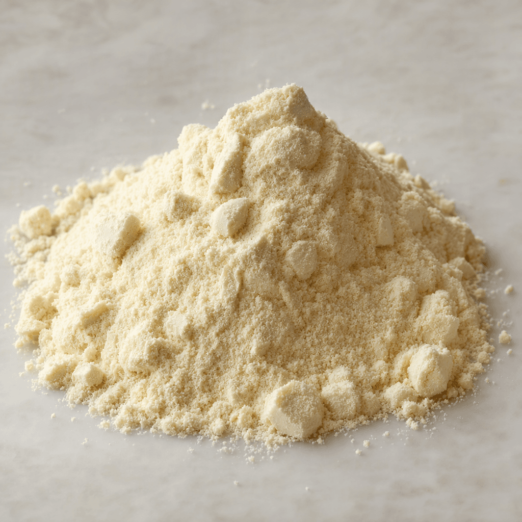 A small mound of fine, pale cream-colored protein powder with a few soft clumps sits on a plain surface.