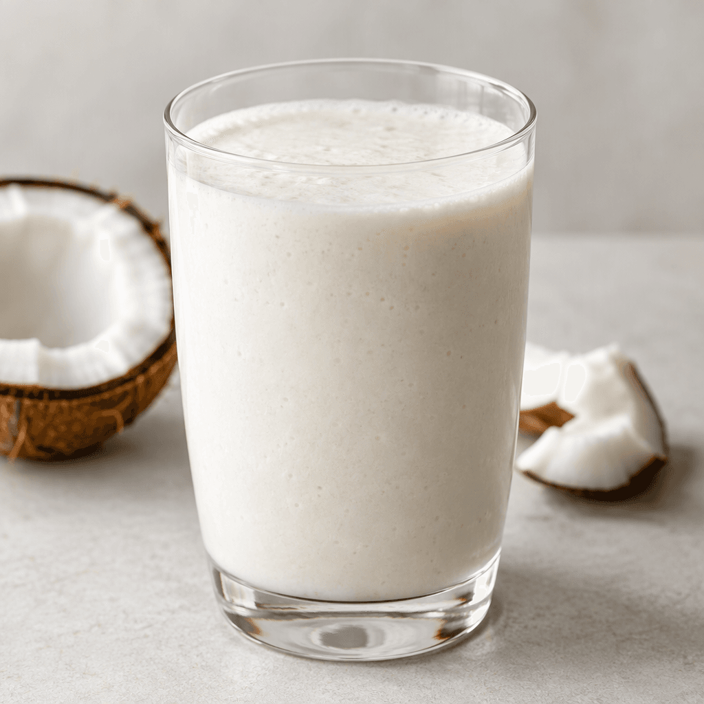 An opaque, creamy-white coconut protein drink with a smooth, slightly thick texture, served in a clear glass.