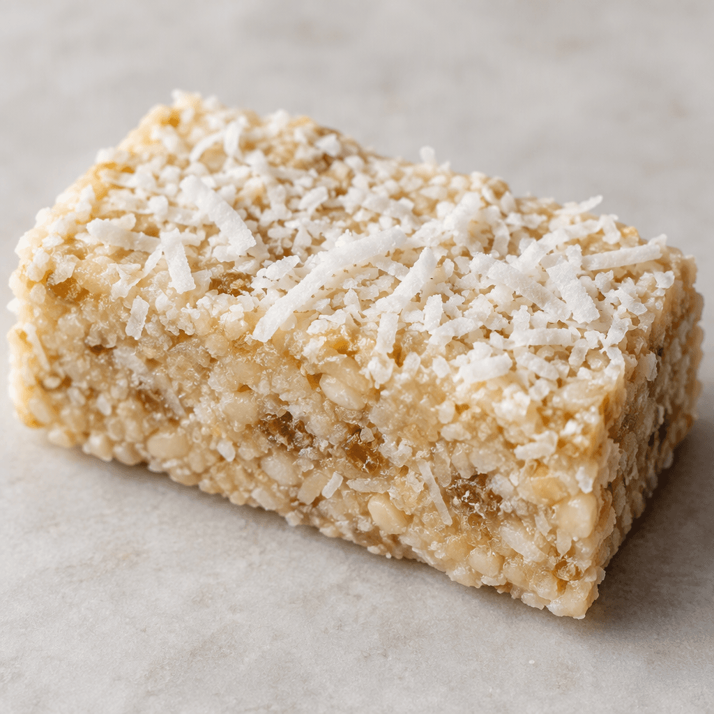 A compact rectangular bar with a pale, slightly uneven surface scattered with fine white coconut flakes and a dense, textured interior visible at the edges.