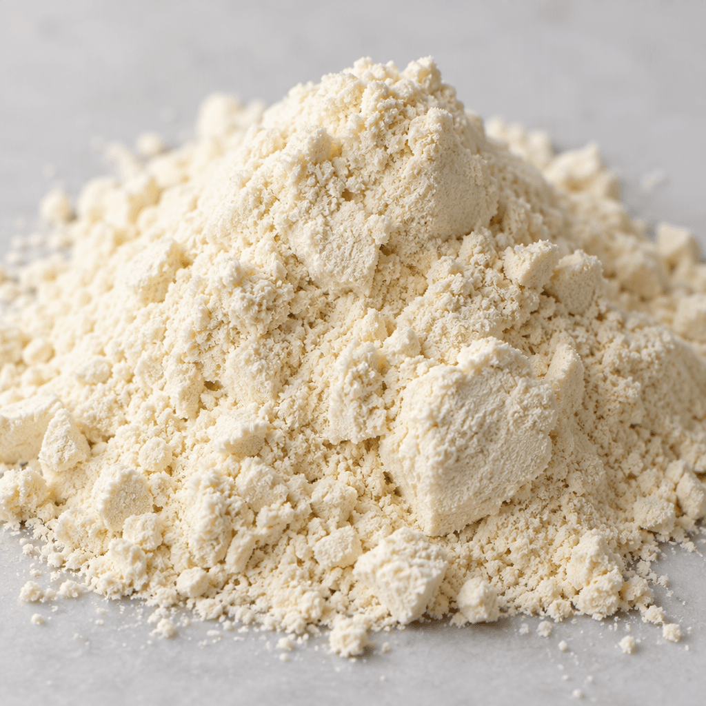 A fine, pale cream-colored protein powder with a soft, dry, slightly clumpy texture, gathered in a small mound.