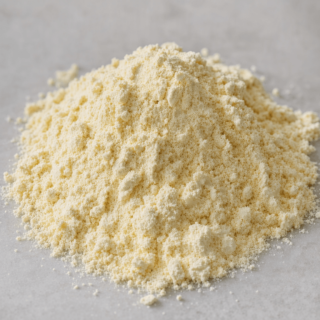 A fine, pale cream-colored powder with a soft, slightly clumpy texture, loosely mounded on a small surface.