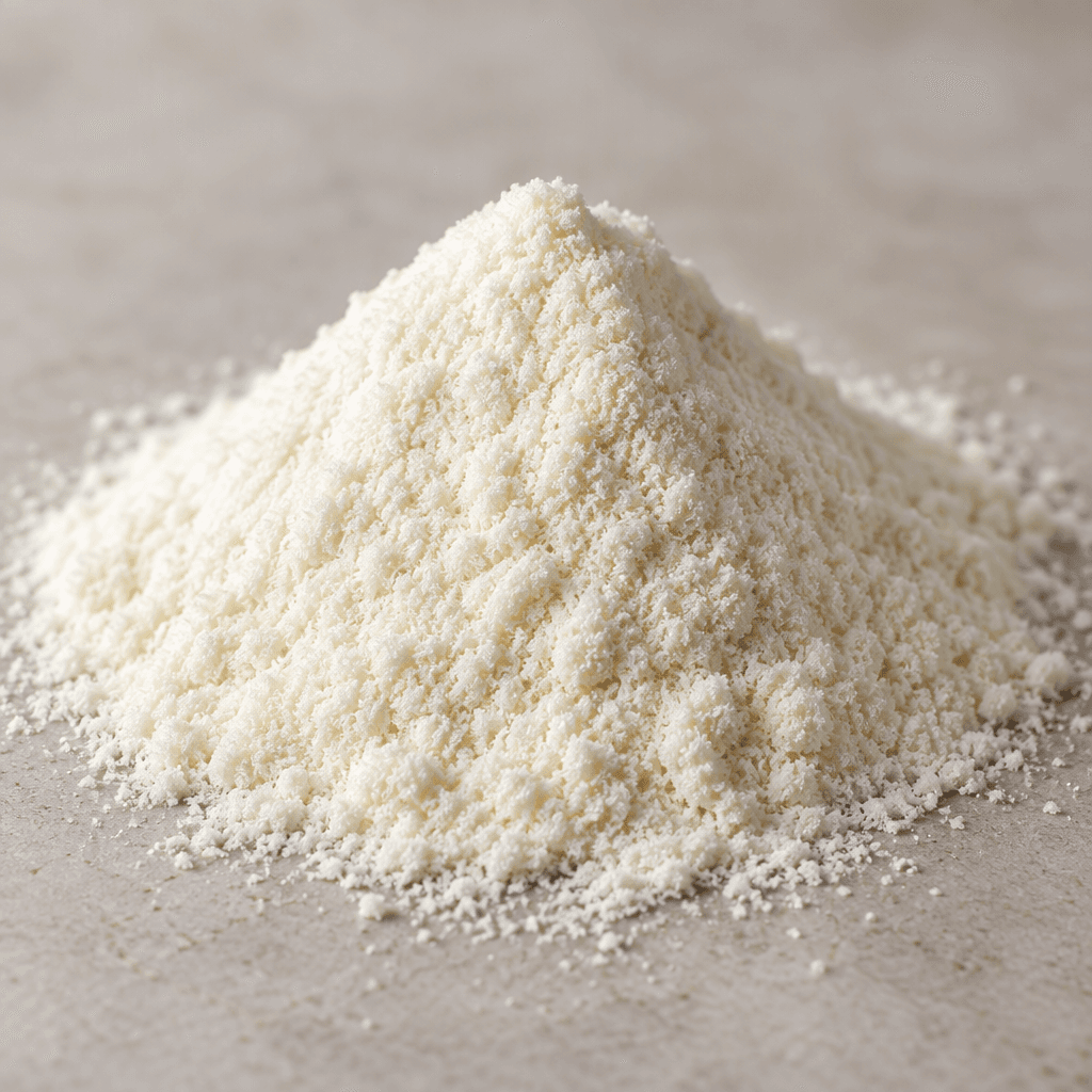 A small mound of fine, pale ivory collagen powder with a soft, slightly granular texture.