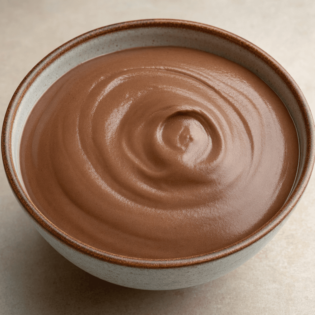 A thick, smooth chocolate-brown rice cream sits in a bowl, with a slightly glossy surface and no visible toppings.