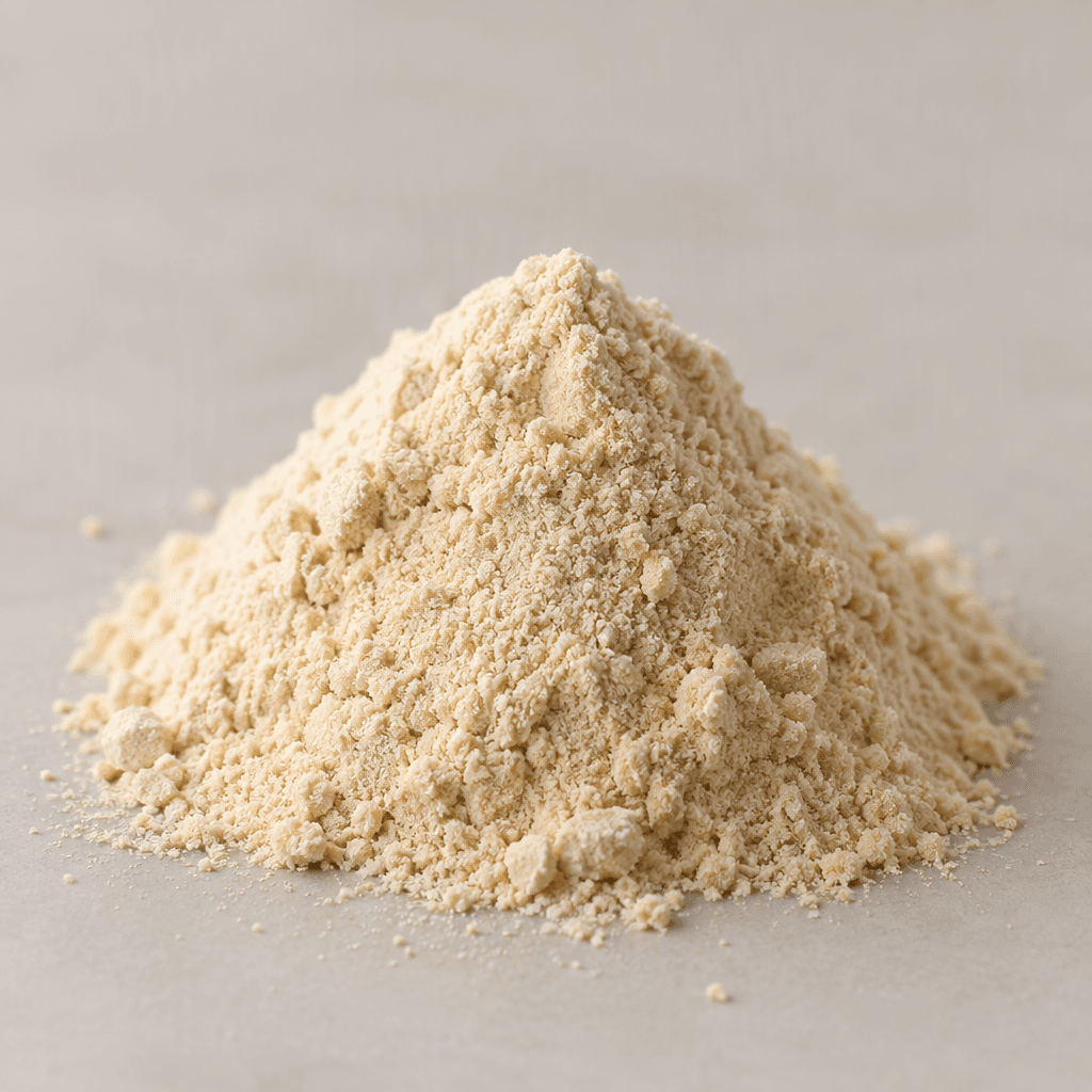 A small mound of fine, pale beige supplement powder with a soft, slightly grainy texture sits on a plain surface.