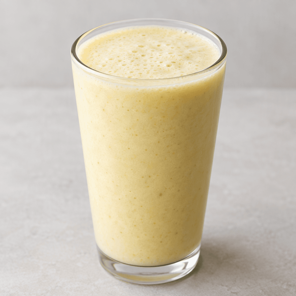 A thick, smooth, pale yellow banana shake fills a clear glass, with a lightly frothy surface.