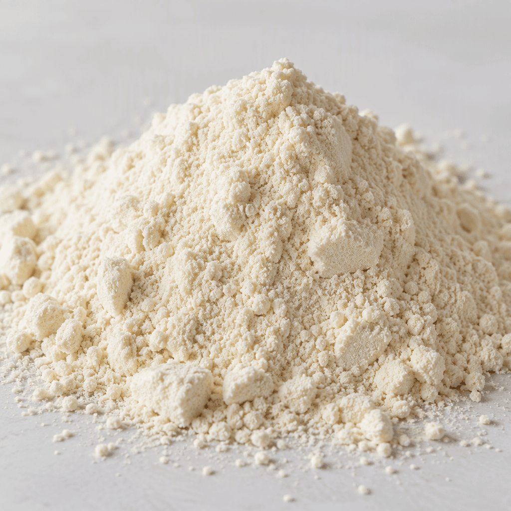 A mound of pale cream-colored whey protein powder with a fine, dry, slightly grainy texture, loosely piled on a clean surface.