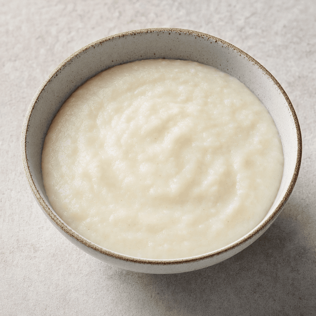 A bowl of thick, smooth cream-of-rice porridge, pale ivory in colour with a soft, even surface and no visible toppings.