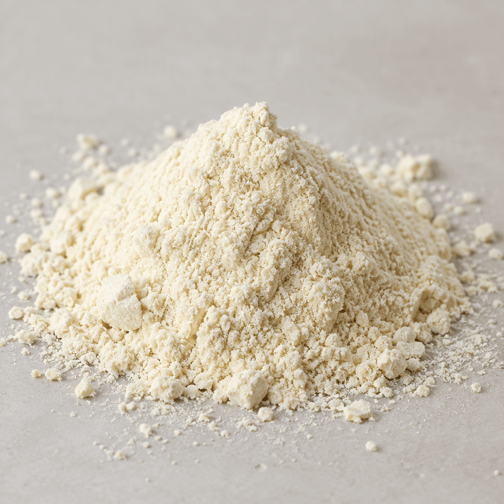 A mound of pale cream rice protein powder with a fine, dry, softly granular texture, lightly scattered across a plain surface.