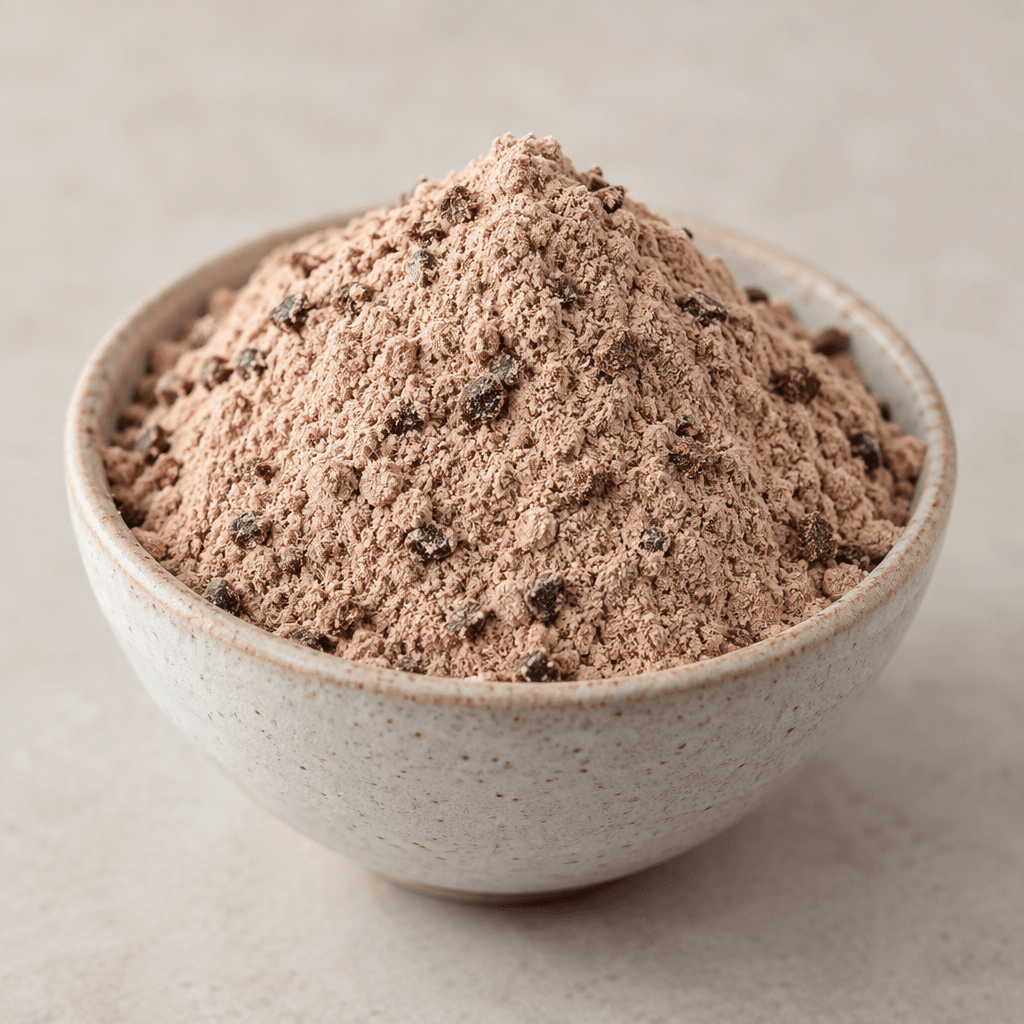 A mound of fine, pale cocoa-colored rice flour is dotted with tiny dark chocolate-colored crumbs and shown loose in a small bowl.