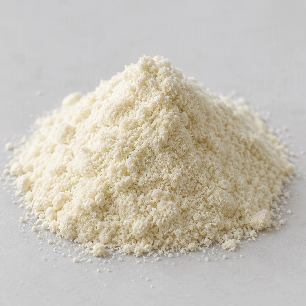 A small mound of fine, pale cream-colored powder sits on a plain surface, with a soft, slightly granular texture.