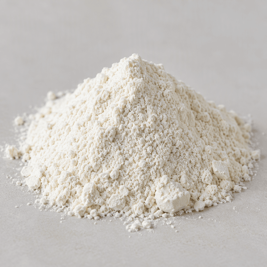 A small mound of fine, pale ivory rice flour with a soft, powdery texture and a few tiny clumps rests on a plain surface.