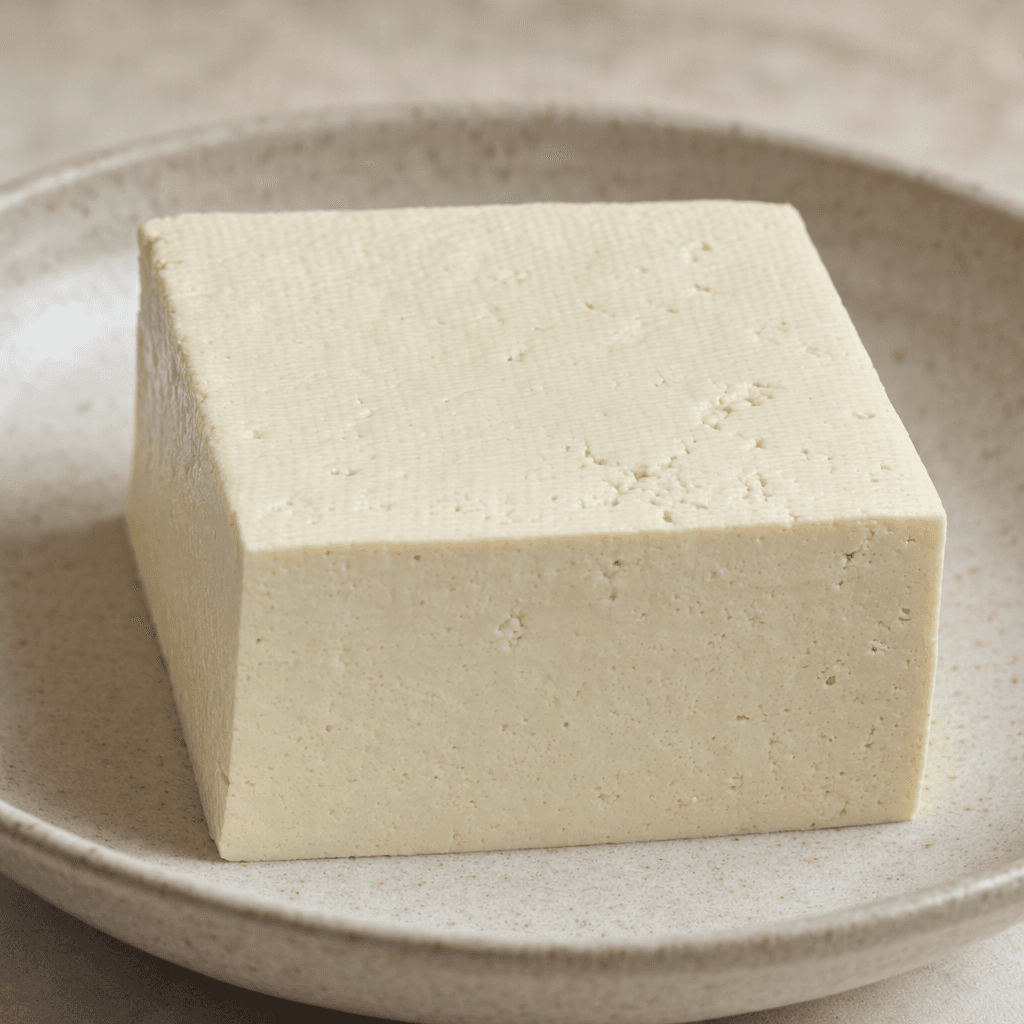Pale ivory tofu forms a firm rectangular block with smooth sides and a slightly porous, matte surface.