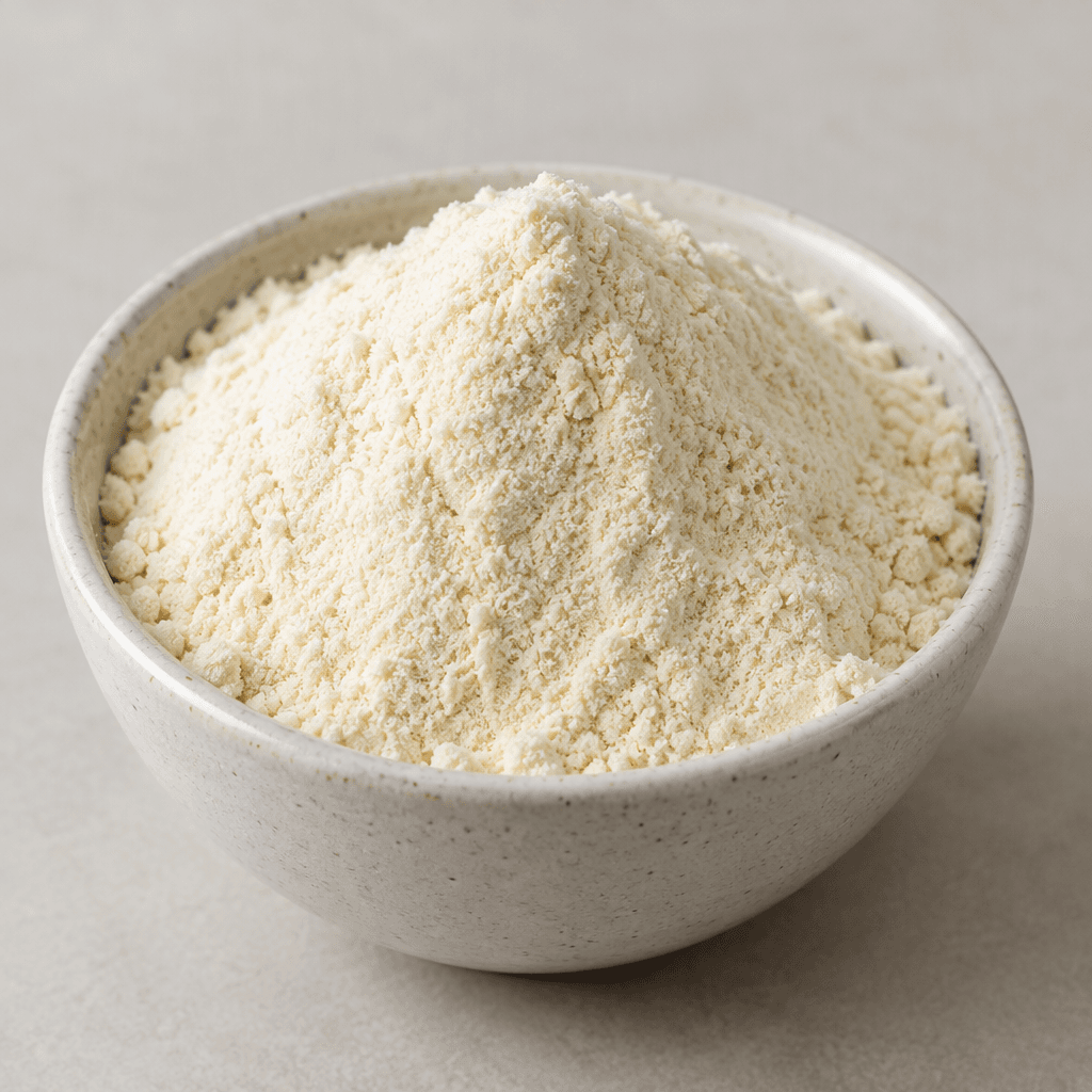 Küçük bir kâsede servis edilen, ince öğütülmüş, kuru, açık krem renkli ve yüzeyi pürüzsüz ancak hafif taneli protein tozu.
