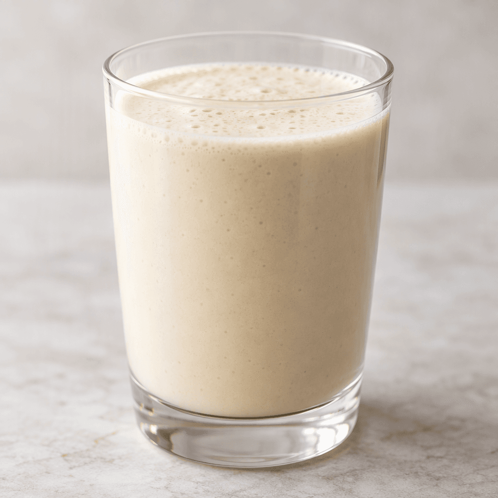 A smooth, opaque, pale-colored protein drink sits in a clear glass.