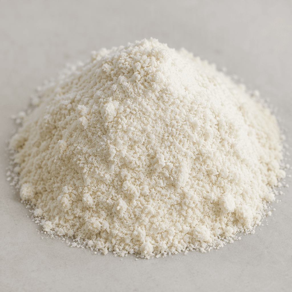 A single scoop of fine, pale cream-colored rice powder with a soft, slightly grainy texture, heaped in a rounded mound.