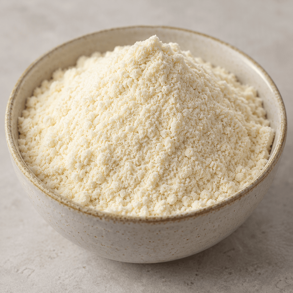 A small mound of fine, pale cream-colored powder with a soft, slightly grainy texture sits in a shallow bowl.