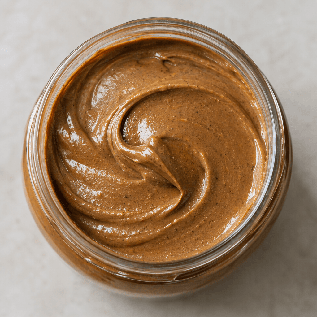 A thick, smooth, warm tan-brown hazelnut spread with a slight natural sheen.