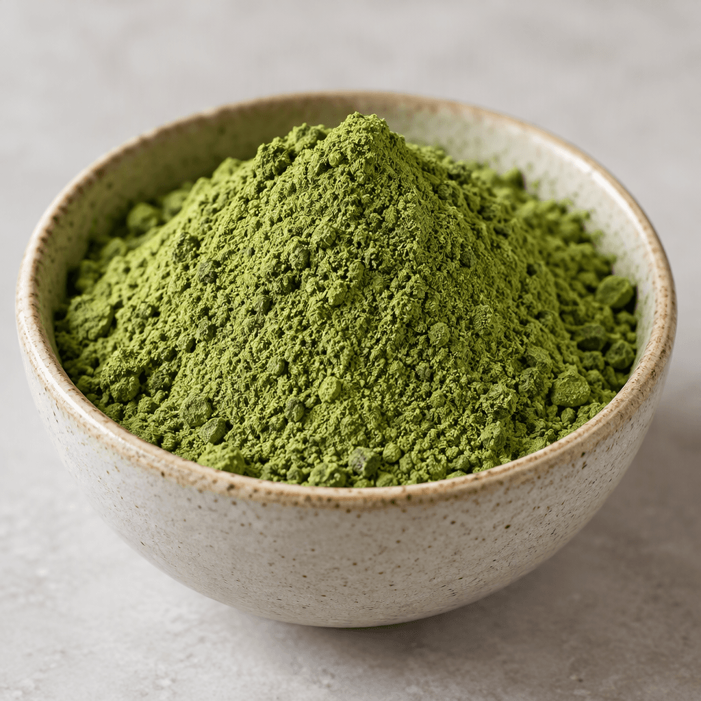 A mound of fine, matte green powder with a slightly uneven texture and tiny darker flecks, gathered in a small bowl.