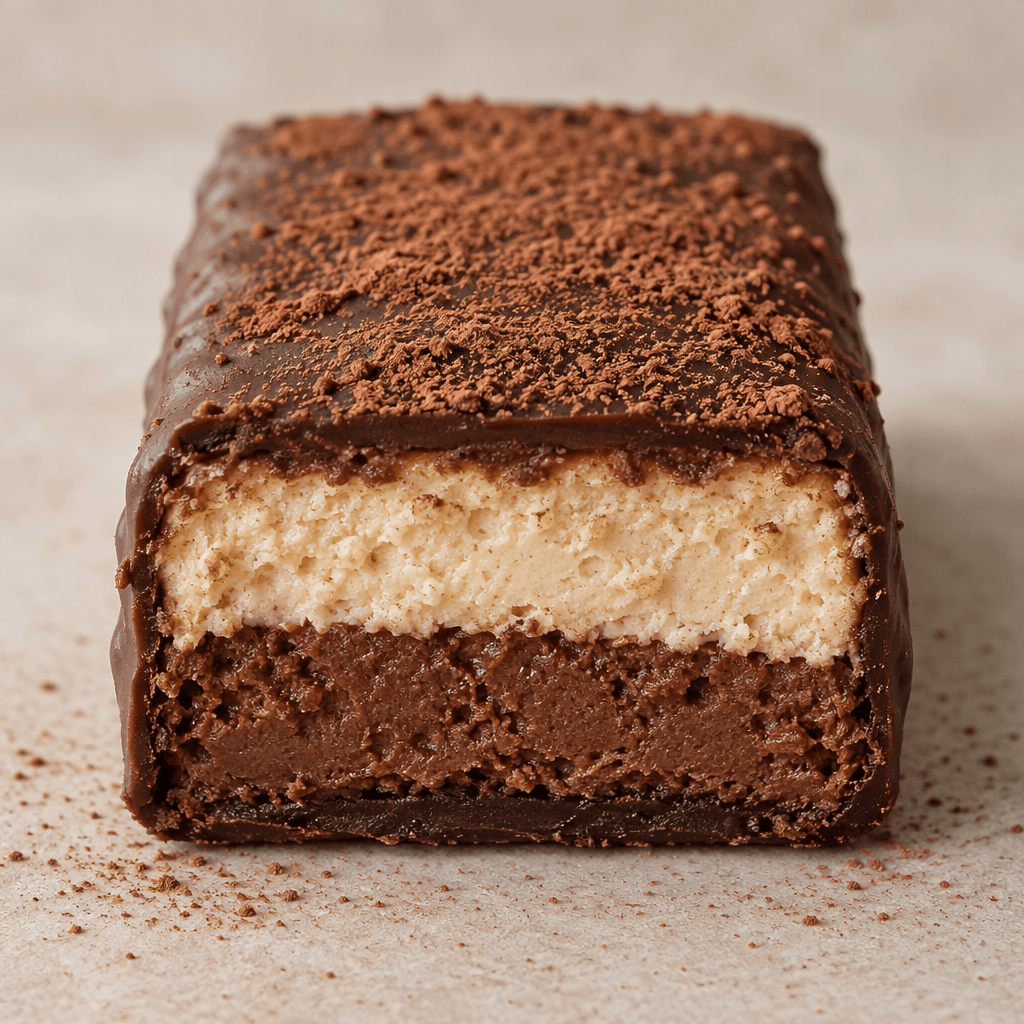 A short, rectangular bar with a dark brown chocolate coating and a visible cut face showing pale and cocoa-brown layers, lightly dusted with cocoa powder.