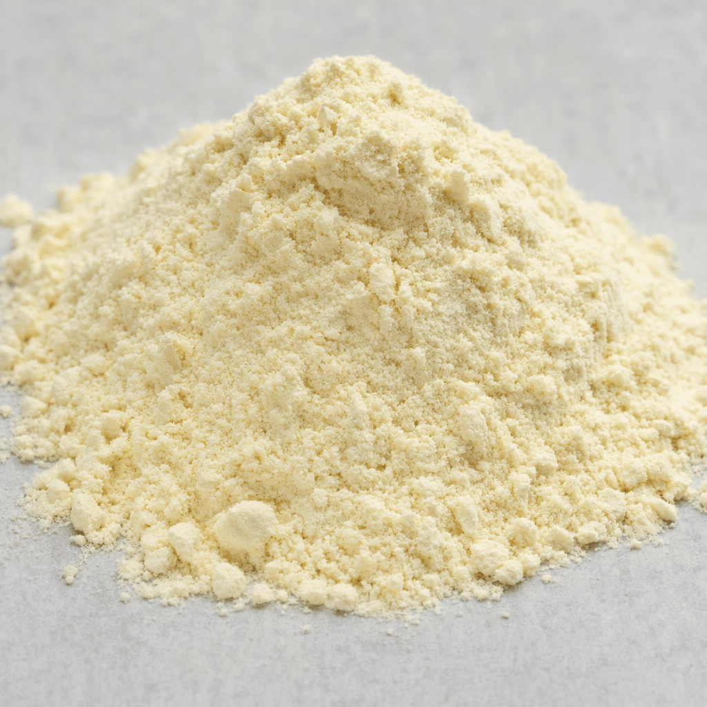 A fine, light cream-colored protein powder with a soft, dry, slightly clumpy texture, loosely mounded in a small pile.