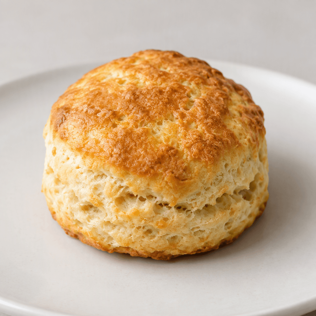 A small, thick, golden-brown biscuit with softly rounded edges and a slightly uneven, porous surface, shown on a plain plate.