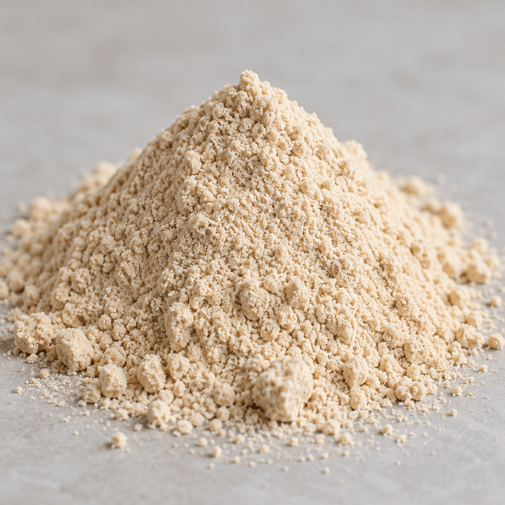A small mound of fine, dry, light beige protein powder with a slightly granular, even surface.