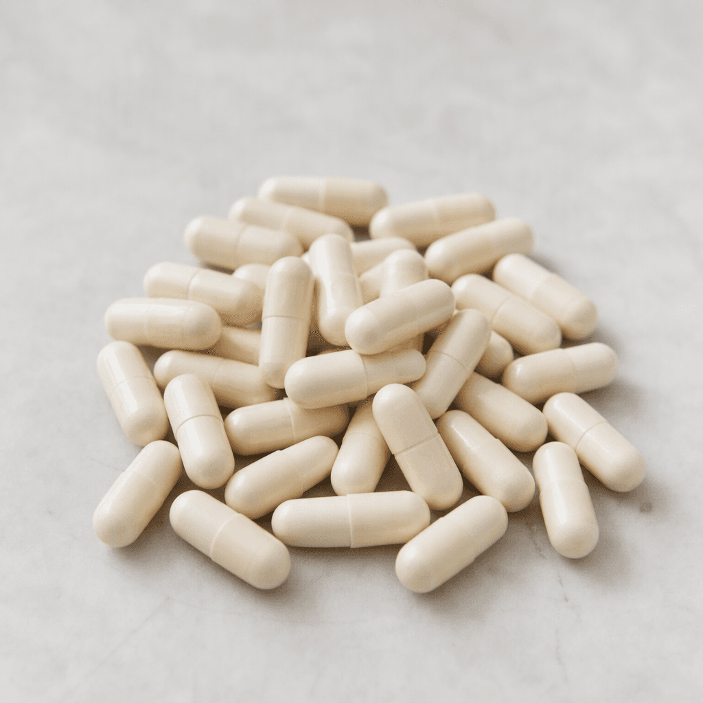 Small, smooth, off-white capsules lie together on a clean surface.