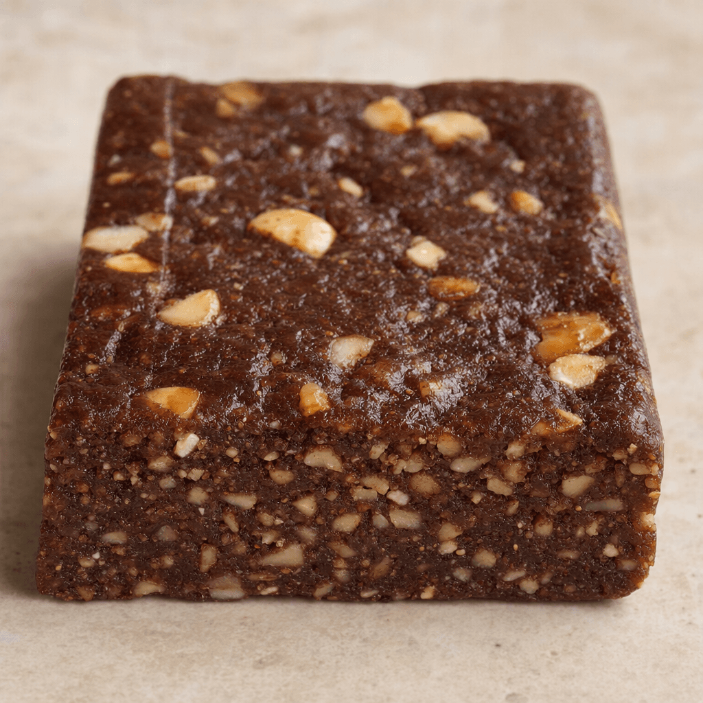 A compact, rectangular chocolate-brown bar with a slightly uneven surface, dotted with visible hazelnut pieces and showing a dense, speckled interior where it is cut.