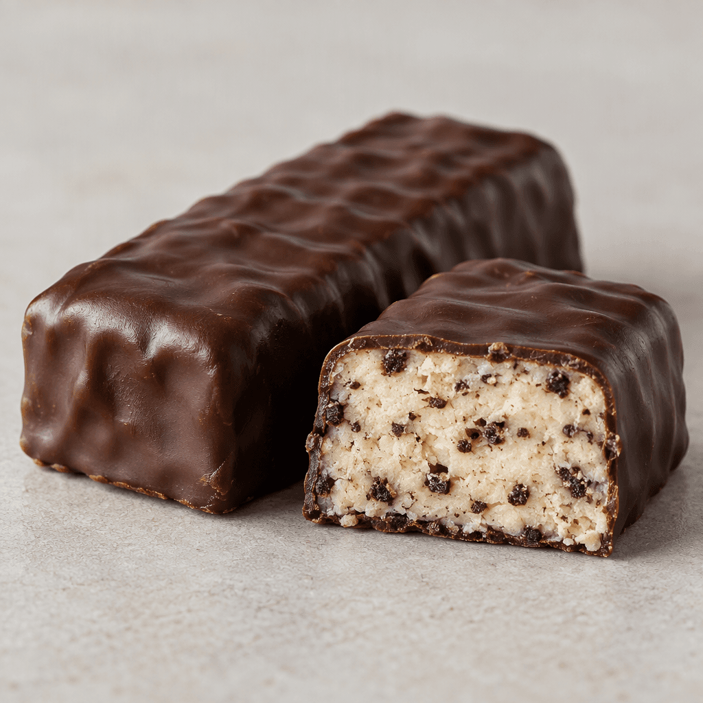 A rectangular bar with a dark chocolate coating and a pale, crumb-speckled center, shown whole beside a cut piece.