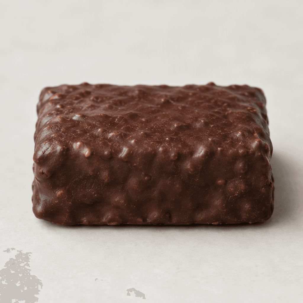 Koyu kahverengi, hafif pürüzlü kaplaması ve sıkı, yoğun dokusuyla kısa dikdörtgen biçimli bir protein barı.